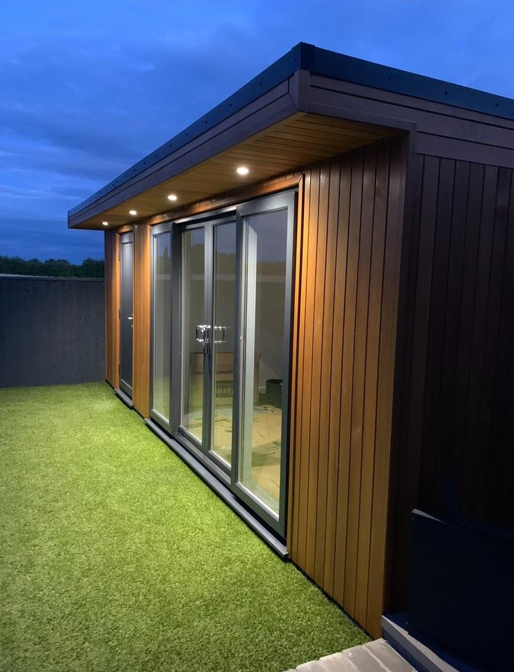 Finished garden room exterior at dusk